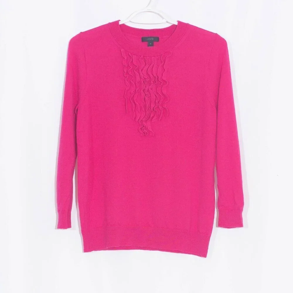J. CREW Preppy 100% Merino Wool Ruffle Front Tippi Sweater in Pink Size M
